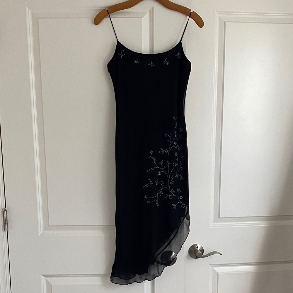 Black Asymmetrical Slip Dress with Embroidered Detail